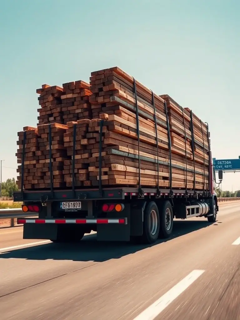 A high-angle shot of a flatbed truck loaded with lumber, secured with straps, driving down a highway with a clear blue sky in the background, showcasing The Transport Brothers LLC's flatbed service.