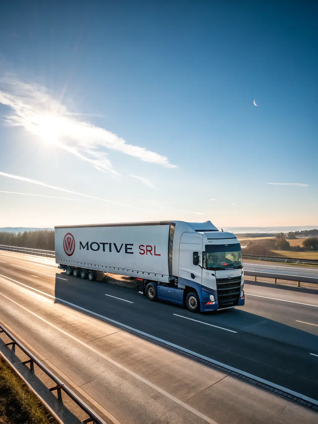 A high-angle shot of a modern semi-truck hauling a full load on a sunny highway, showcasing the efficiency and reliability of The Transport Brothers LLC's freight transportation services.