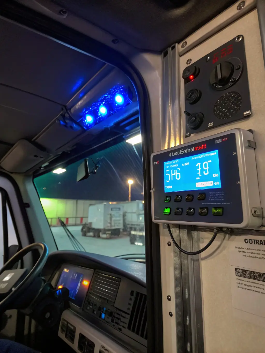 A close-up of a refrigerated truck's temperature control panel, displaying a precise temperature reading, with boxes of fresh produce visible inside, highlighting The Transport Brothers LLC's commitment to maintaining optimal conditions for perishable goods.