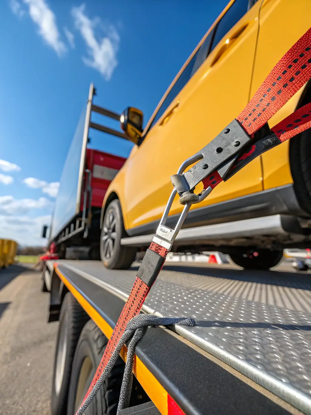 A high-angle shot of a flatbed truck loaded with oversized machinery, secured with chains and straps, moving along a highway at sunset, emphasizing the safe and secure transport of heavy equipment by The Transport Brothers LLC.