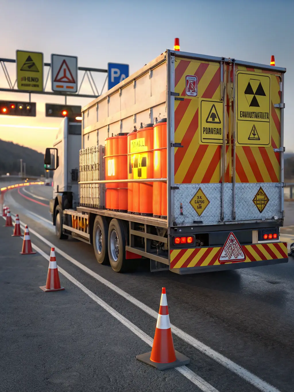 A tanker truck with prominent 'Hazmat' placards on its sides, driving on a clear highway with a bright blue sky, emphasizing The Transport Brothers LLC's expertise and safety protocols in transporting hazardous materials.