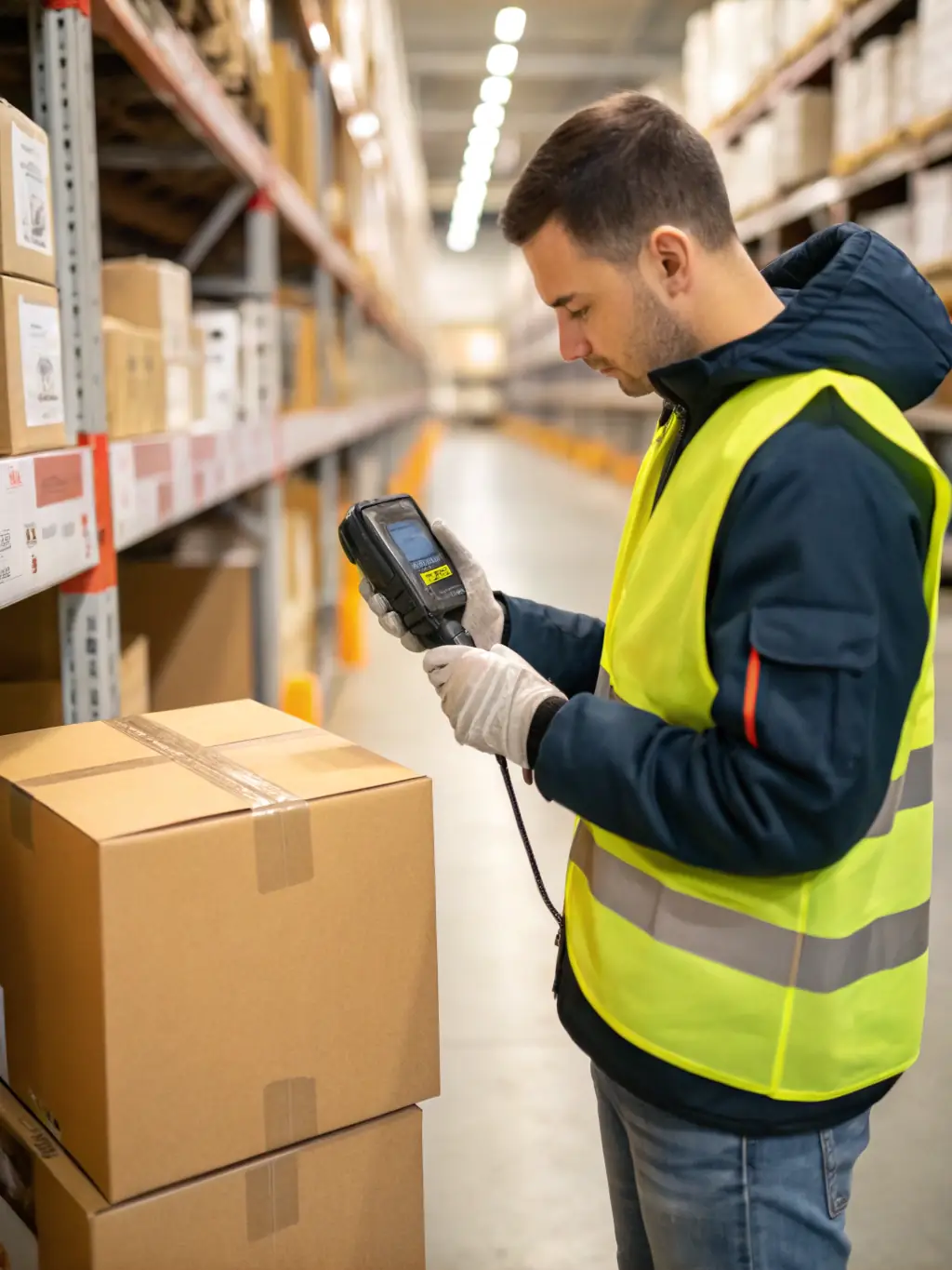 A driver wearing safety gloves carefully handling a crate labeled 'Fragile, ' with a modern warehouse and loading dock in the background, showcasing The Transport Brothers LLC's attention to detail and care in handling delicate items.