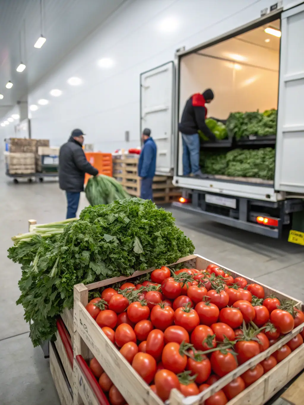 A side view of a refrigerated truck with The Transport Brothers LLC logo on the side, parked at a loading dock with workers loading pallets of fresh produce, highlighting the temperature-controlled capabilities.