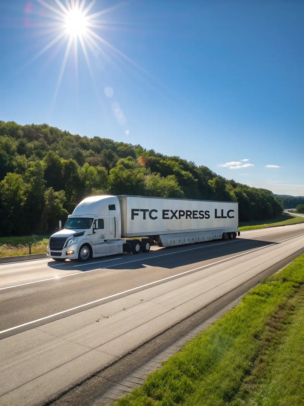 A dynamic shot of a dry van truck with The Transport Brothers LLC logo, speeding down an interstate highway, emphasizing speed and efficiency.