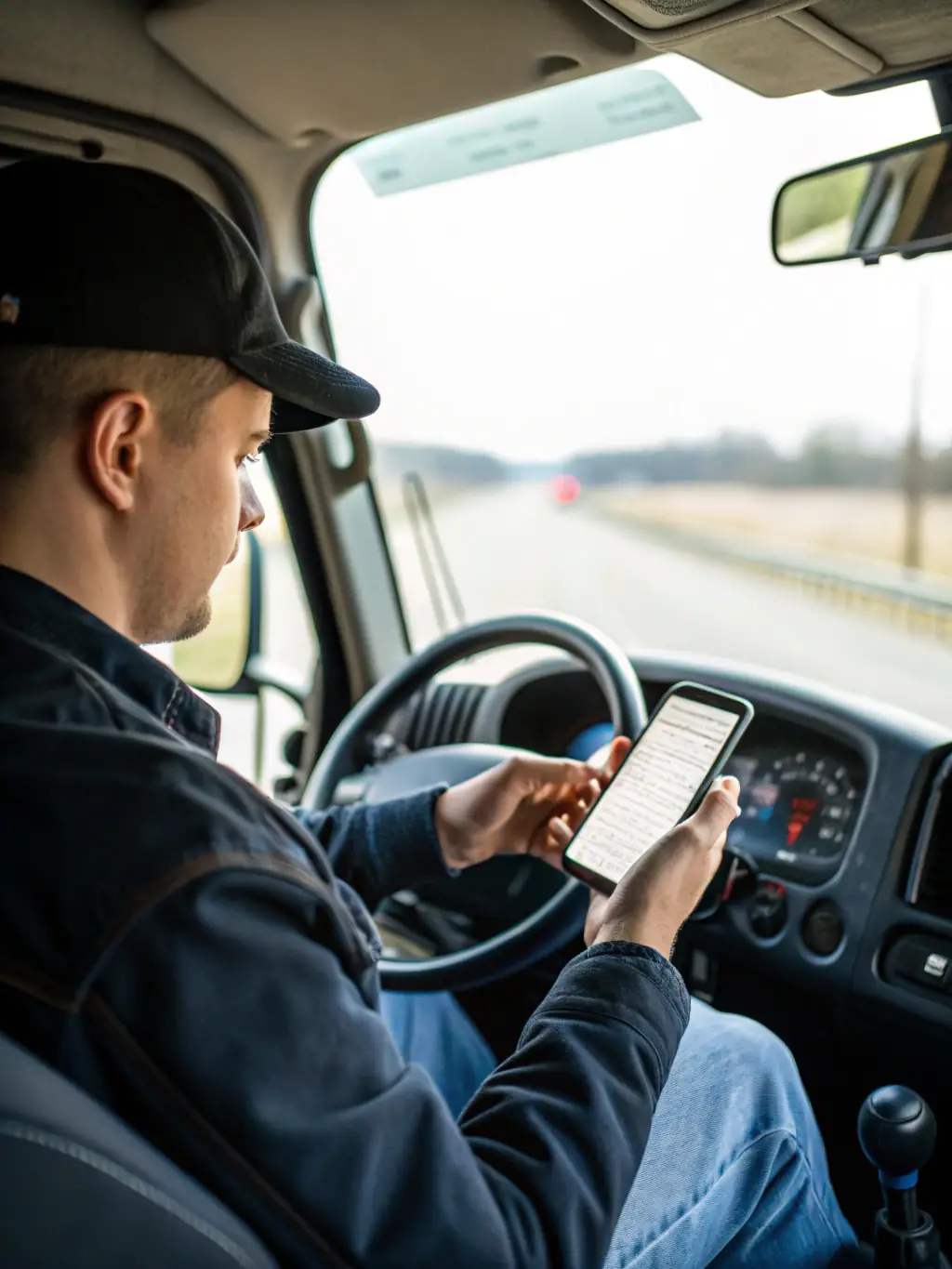 A detailed close-up of a driver using a mobile app to track a shipment in real-time, emphasizing the transparency and control offered by The Transport Brothers LLC.