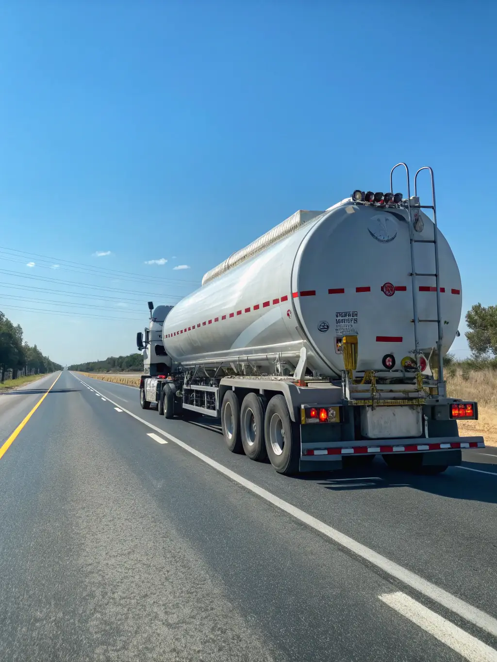 A close-up of a tanker truck with The Transport Brothers LLC branding, showcasing the tanker's valves and connections, with a focus on safety and compliance.